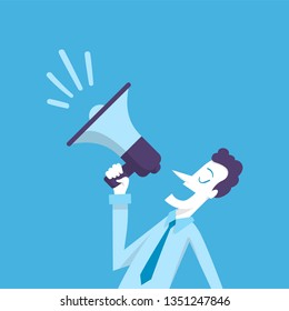 Man shouting with loudspeaker. Office worker holding megaphone. Flat illustration.