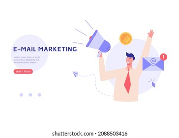 Man Shouting In Megaphone. Business Character Announcing With Loudspeaker. Direct Marketing. Concept Of Promotion, E-mail Marketing, Pr, Email Campaign. Vector Illustration In Flat For Web Banners