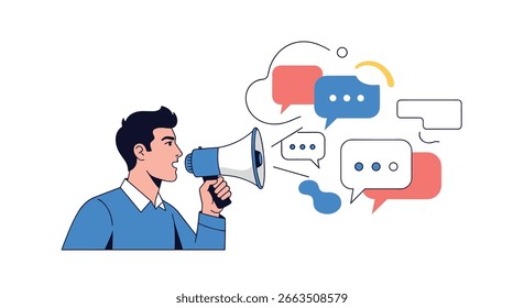 Man shouting with a megaphone conveying messages through speech bubbles for communication and announcement purposes