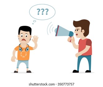 A man shouting with megaphone at hearing impaired young boy with earphones. Concept for deafness, hearing impairment, hearing loss etc. Vector art on isolated background.