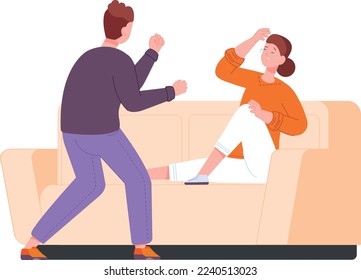 Man shouting on crying woman. Couple quarrel icon isolated on white background