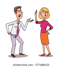 Man shouting on woman. Abusive despotic husband screaming on scared wife. Quarreling characters vector design. Bad family relationship. Psychological violence abuse, alcoholism, aggression