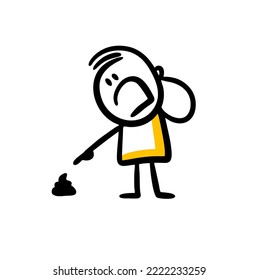 Man with shouting points his finger on a bunch of dog poop. Vector doodle illustration of man looking in fear on the ground.