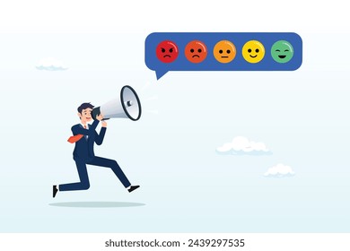 Man shouting with satisfaction emoticon, customer satisfaction survey, service quality feedback, rating or opinion, user experience emoticon, angry or smile face review, client questionnaire (Vector)