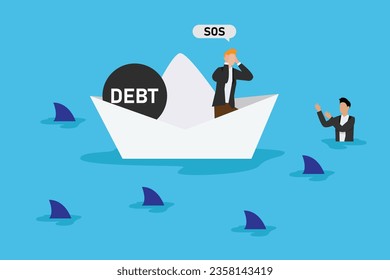 Hombre gritando SOS en un barco que se hunde con una pesada bola de deuda rodeada por tiburones 2d concepto de ilustración vectorial para banner, sitio web, página de aterrizaje, volante, etc