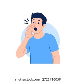 Hombre que grita que grita pose que hace la mano fuerte del anuncio cerca de su boca