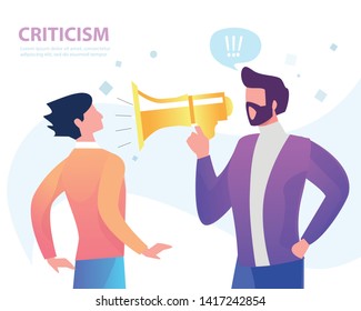 The Man Shouts At Another Man In The Mouthpiece. Criticism. Flat Vector Concept Illustration.