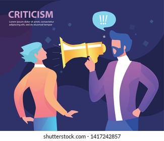 The man shouts at another man in the mouthpiece. Criticism. Flat vector concept illustration.