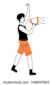 The man shouts into the loudspeaker.