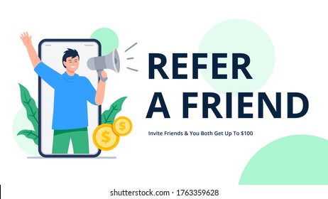 A man shouts into a megaphone to attract friends. Refer a friend or referral marketing concept. Social media marketing. Trendy flat vector illustration for banners, landing page template, mobile app.