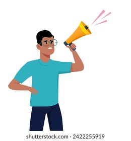 A man shouts into a megaphone. The guy is protesting at a parade and rally.