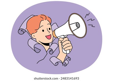 Man shouts into megaphone, sticking head out of hole in paper and calling for attention to advertising campaign. Guy with megaphone in hand symbolizes activism in order to draw attention to problems
