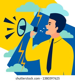 A man shouts in a megaphone. In minimalist style. Cartoon flat Vector Illustration