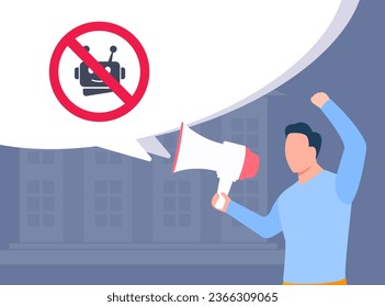 Man shouts negative slogans into megaphone aimed at anti artificial intelligence agenda. Fear of losing job to AI. Problems with job loss due to rapidly developing AI. Vector illustration with icons.