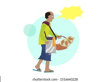 A man shouts to sell his street food  Filipino exotic food peanuts and a delicacy which is a boiled egg with a developing embryo. Editable Clip Art.