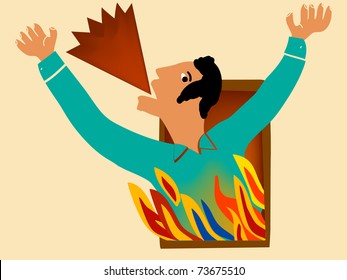man shouts from a window, in a fire