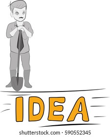 a man with a shovel is about to dig the idea. the concept of work on the idea. vector illustration.