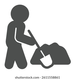 Man with shovel and asphalt pile solid icon, making road concept. Vector graphics. Builder laying asphalt, construction sign on white background, glyph style icon for mobile or web design
