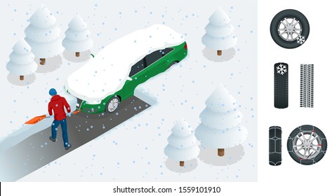 Man with shovel cleaning snow filled backyard outside his car. City after blizzard. Car covered with snow. Isometric vector illustration