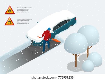 Man with shovel cleaning snow filled backyard outside his car. City after blizzard. Car covered with snow. Isometric vector illustration