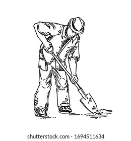 Man with shovel digging the ground. Sketch. Engraving sstyle. Vector illustration.