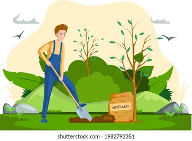 Man with shovel digging hole in garden. Man buries seedling in ground for planting trees. Professional gardener worker applies fertilizer to pit. Farmer works in field. Spring farm work in yard