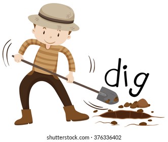 Man With Shovel Digging A Hole Illustration