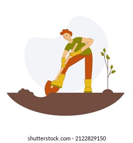 un hombre con una pala desentierra el suelo. un hombre planta un árbol. el personaje es un hombre en el jardín con una pala de estilo plano
