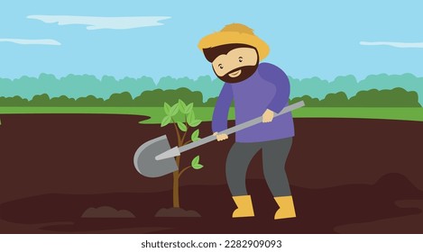 A man with a shovel digs a hole in the ground. Vector flat illustration.