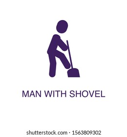 Man with shovel element in flat simple style on white background. Man with shovel icon, with text name concept template