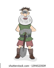 man with a shovel. funny little man. vector illustration.
