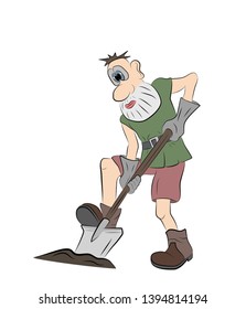 man with a shovel. funny little man. vector illustration.