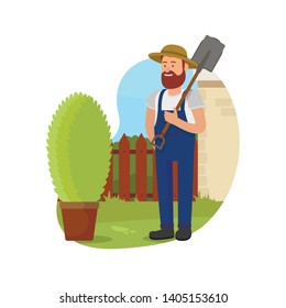 Man with Shovel in Hand near Wooden Bush. Gardener in Uniform. Decorate Garden. Planted Plant Gardener on White Background. Planted Brush. Harvest. Vector Illustration. Gardener with Shovel.
