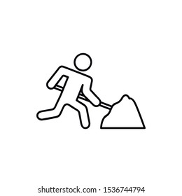 Man with shovel and hill of sand line icon for web, mobile and infographics. Vector black icon isolated on white background.
