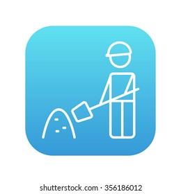 Man with shovel and hill of sand line icon for web, mobile and infographics. Vector white icon on the blue gradient square with rounded corners isolated on white background.