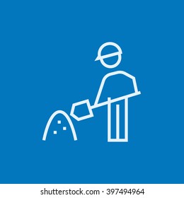Man with shovel and hill of sand line icon.