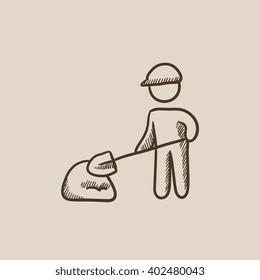 Man with shovel and hill of sand sketch icon.