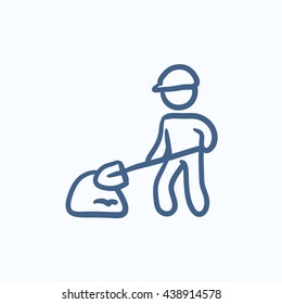 Man with shovel and hill of sand vector sketch icon isolated on background. Hand drawn Man with shovel and hill of sand icon. Man with shovel sketch icon for infographic, website or app.