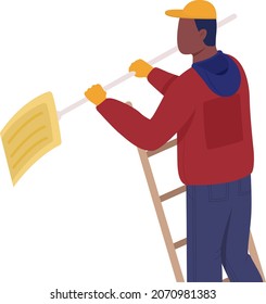 Man with shovel on ladder semi flat color vector character. Posing figure. Full body person on white. Winter season isolated modern cartoon style illustration for graphic design and animation