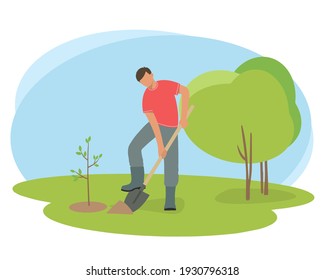 Man with a shovel plants a tree.