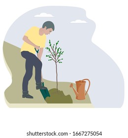 Ein Mann mit einer Schaufel legt einen jungen Baum in das Loch - Symbol einzeln auf Weiß - Vektorillustration. Gartenarbeit. Landschaften
