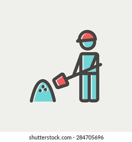 Man with shovel and sand icon thin line for web and mobile, modern minimalistic flat design. Vector icon with dark grey outline and offset colour on light grey background.