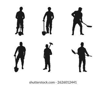 Man with shovel silhouette vector set. Silhouette of a worker in action poses using a shovel tool. Silhouette of a male farmer holding a shovel isolated. vector on a white background.	