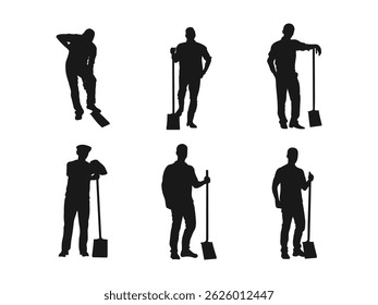 Man with shovel silhouette vector set. Silhouette of a worker in action poses using a shovel tool. Silhouette of a male farmer holding a shovel isolated. vector on a white background.	