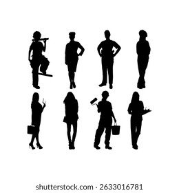 Man with Shovel Silhouette Vector Set Depicting Worker and Farmer Action Poses for Agriculture Construction and Outdoor Labor Themes on White Background