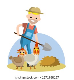 Man with shovel in village. Work of farmer in countryside. Haystack and rustic animals chicken and cock. Natural food. Rural guy in Blue overalls. Summer season. Cartoon flat illustration