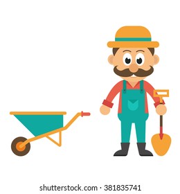 man with shovel and wheelbarrow