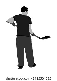 Hombre con pala trabajando en el jardín. Trabajador de la construcción con pala. Jardinero cavando la ilustración del vector de la tierra. Spade sucia con suelo. Granjero con pala. Extracción de obreros. Industria manual.
