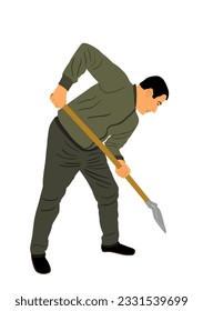 Man with shovel working in garden vector illustration isolated. Construction worker with spade. Gardener digging earth. Farmer with shovel. Digger worker mining ground with tool. Manual industry.