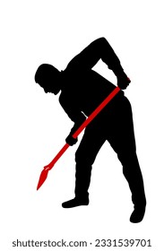 Hombre con pala trabajando en la ilustración de silueta vectorial de jardín. Trabajador de la construcción con pala. Jardín cavando tierra. Granjero con pala. Obturar el campo minero con herramientas. Industria manual.